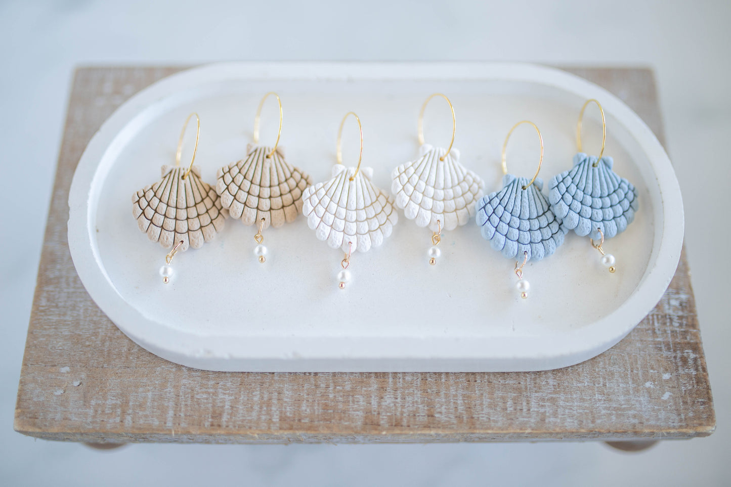 Clay Earrings | Scallop + Pearl Hoops Lg. | Coastal Shores Collection
