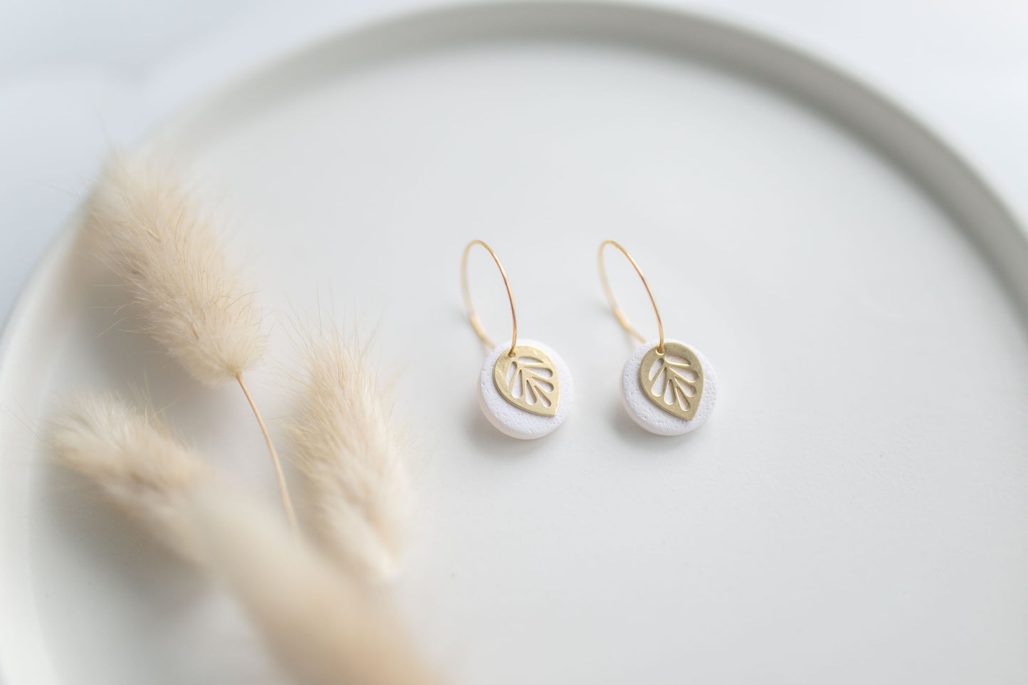 Clay earring | white leaf mini hoops | spring collection