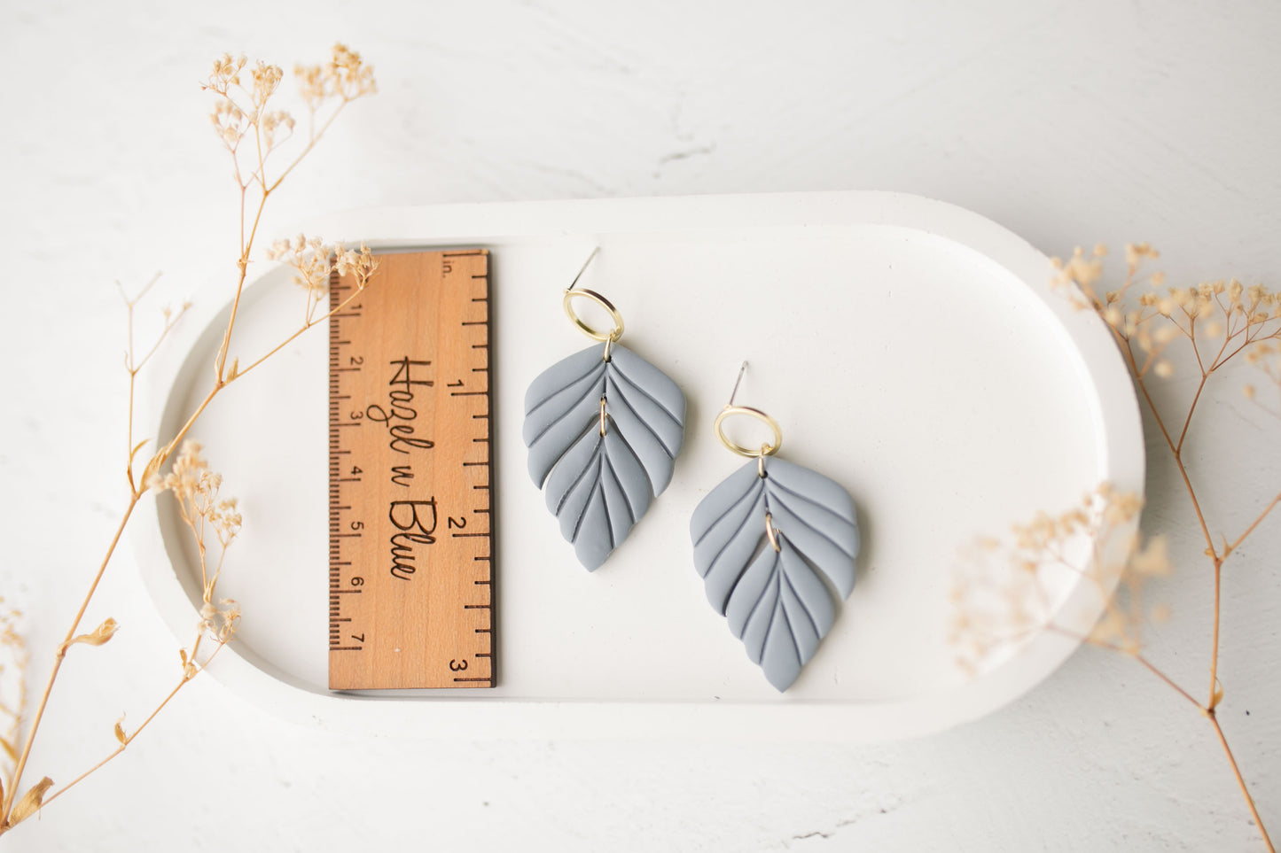 Clay earrings | dusty blue leaves