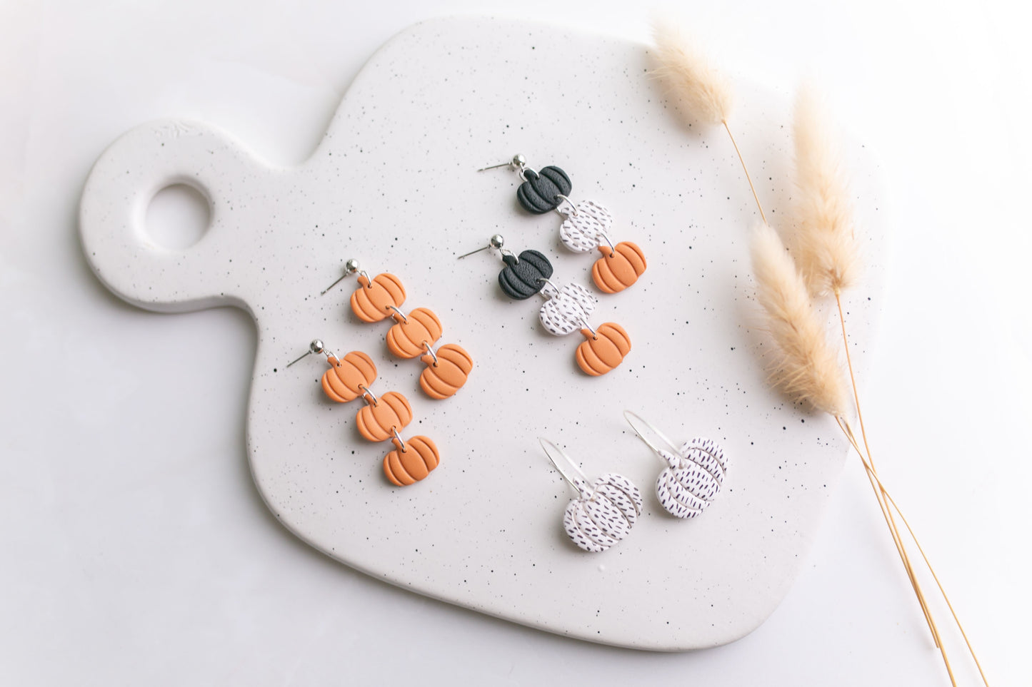 Clay earring | Polka Dot Pumpkin Trio Dangles | Fall Collection