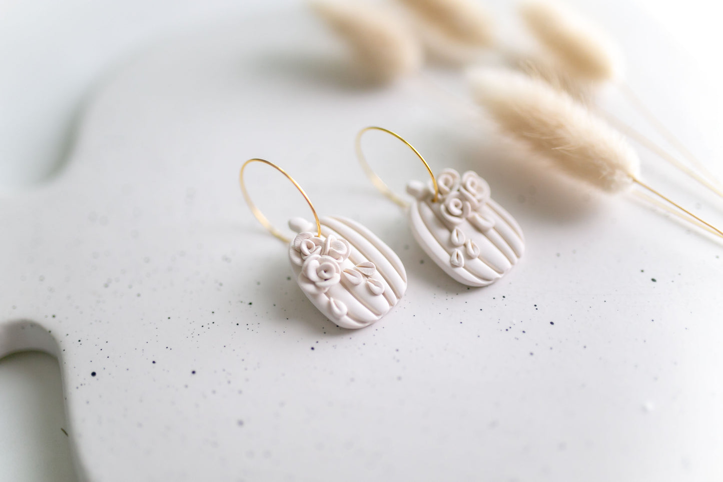 Clay earring | Monochrome Floral Pumpkin Hoops | Fall Collection
