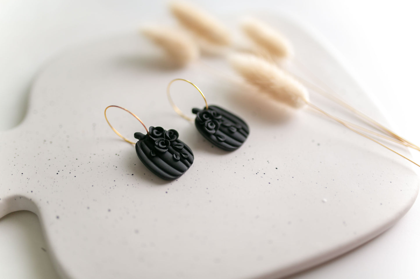 Clay earring | Monochrome Floral Pumpkin Hoops | Fall Collection
