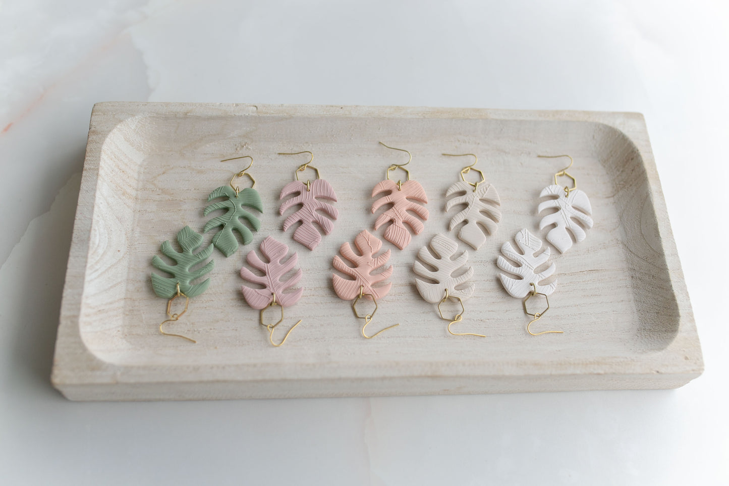 Clay earring | sage green monstera dangles | spring collection