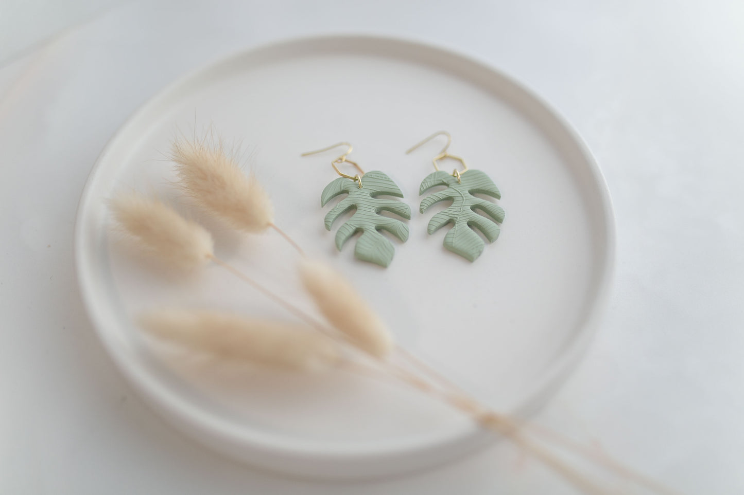 Clay earring | sage green monstera dangles | spring collection
