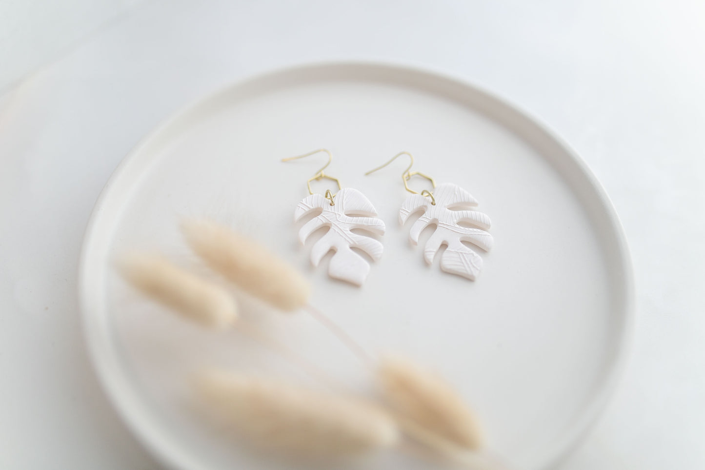 Clay earring | white monstera dangles | spring collection