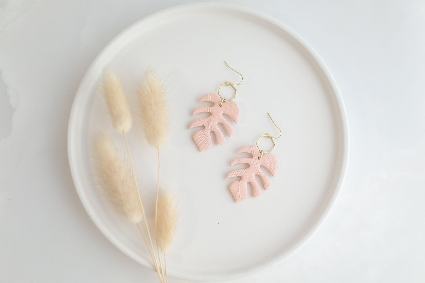 Clay earring | peach monstera dangles | spring collection
