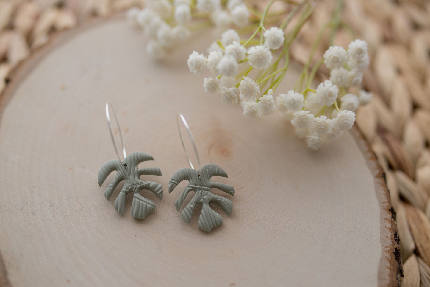 Clay earrings | sage green monstera