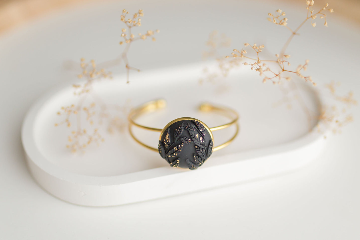 Clay bracelet | black & gold floral
