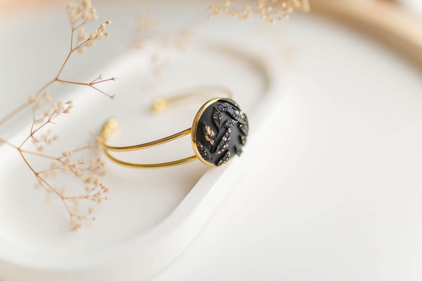 Clay bracelet | black & gold floral