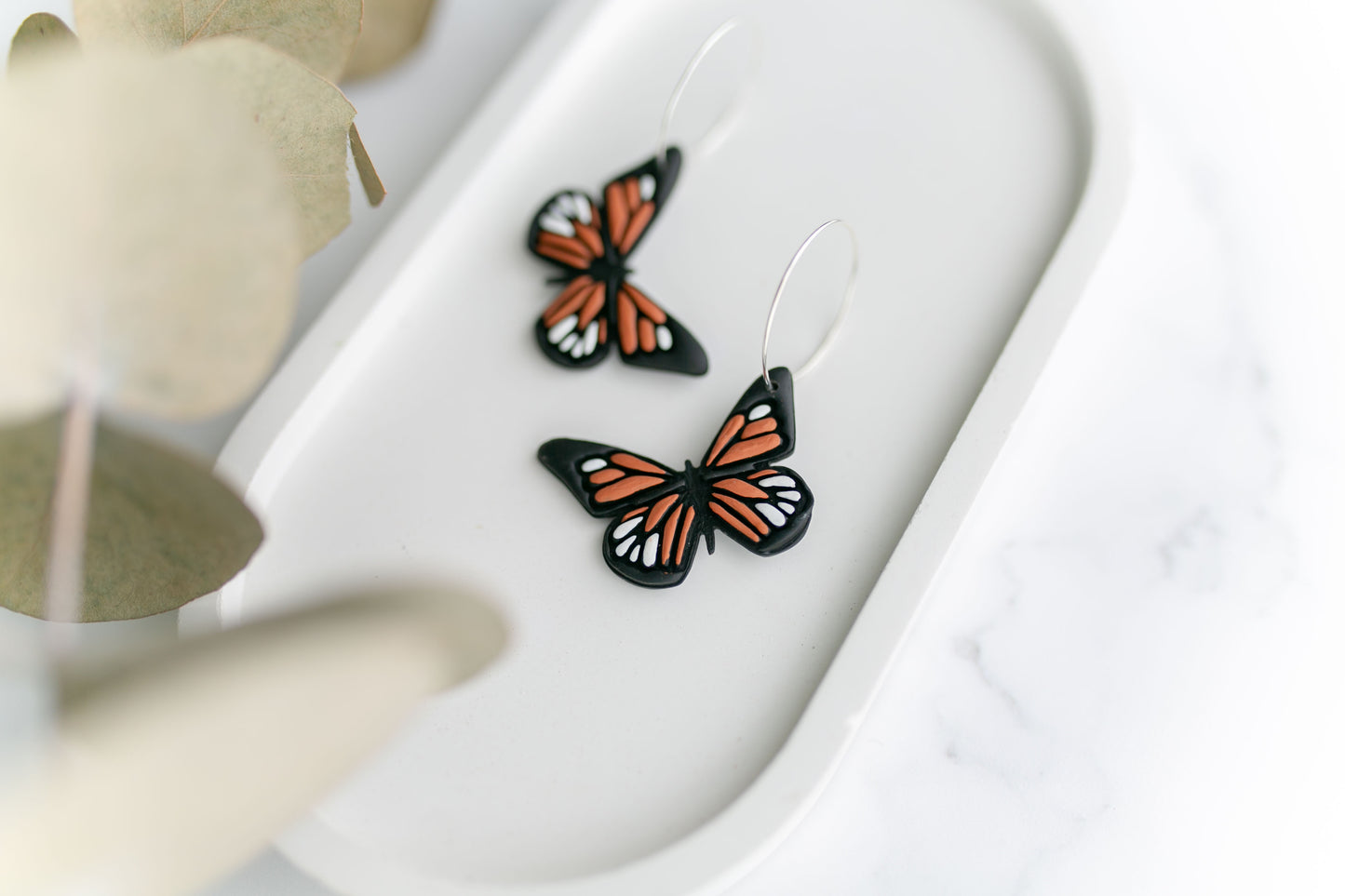 Clay earrings | monarch butterfly hoops | Hand Painted