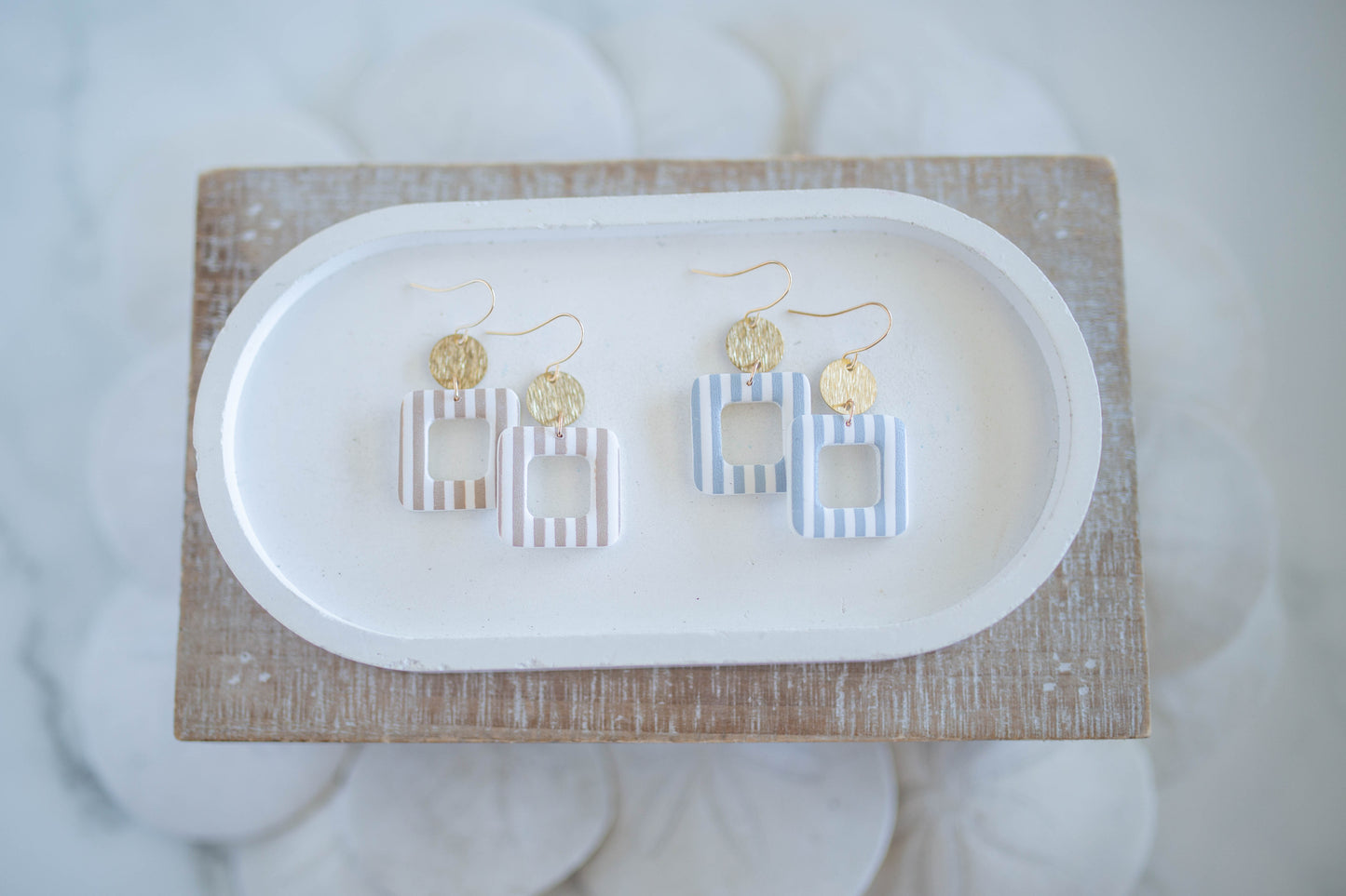 Clay Earrings | Square Coastal Striped Dangles | Coastal Shores Collection