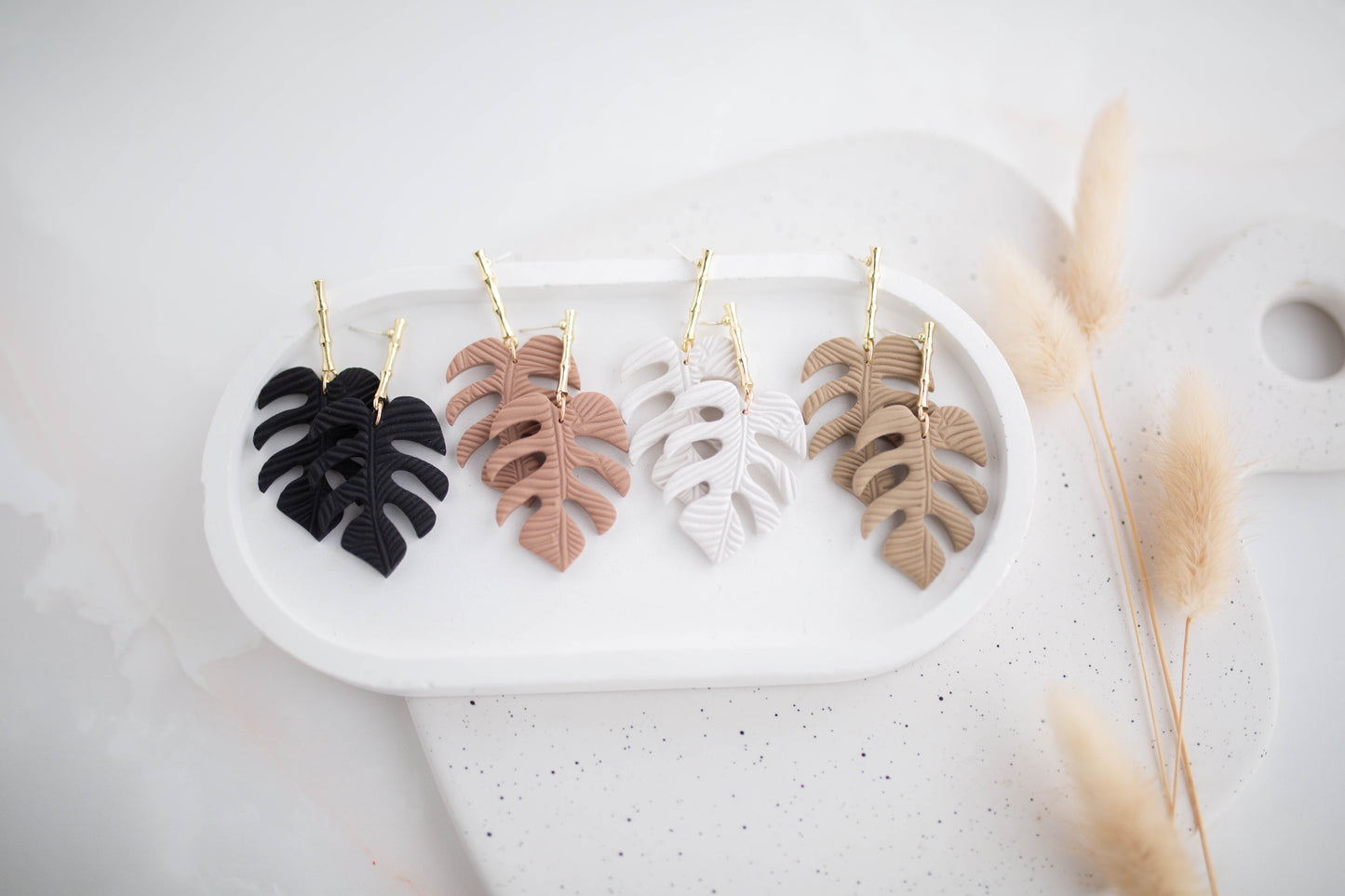 Clay Earrings | Monstera Dangles | All Things Neutral Collection