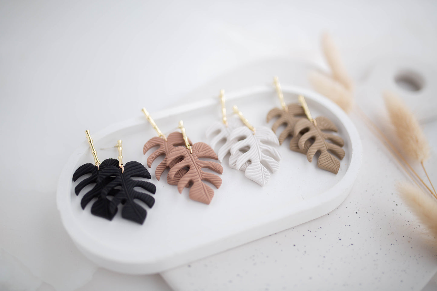 Clay Earrings | Monstera Dangles | All Things Neutral Collection