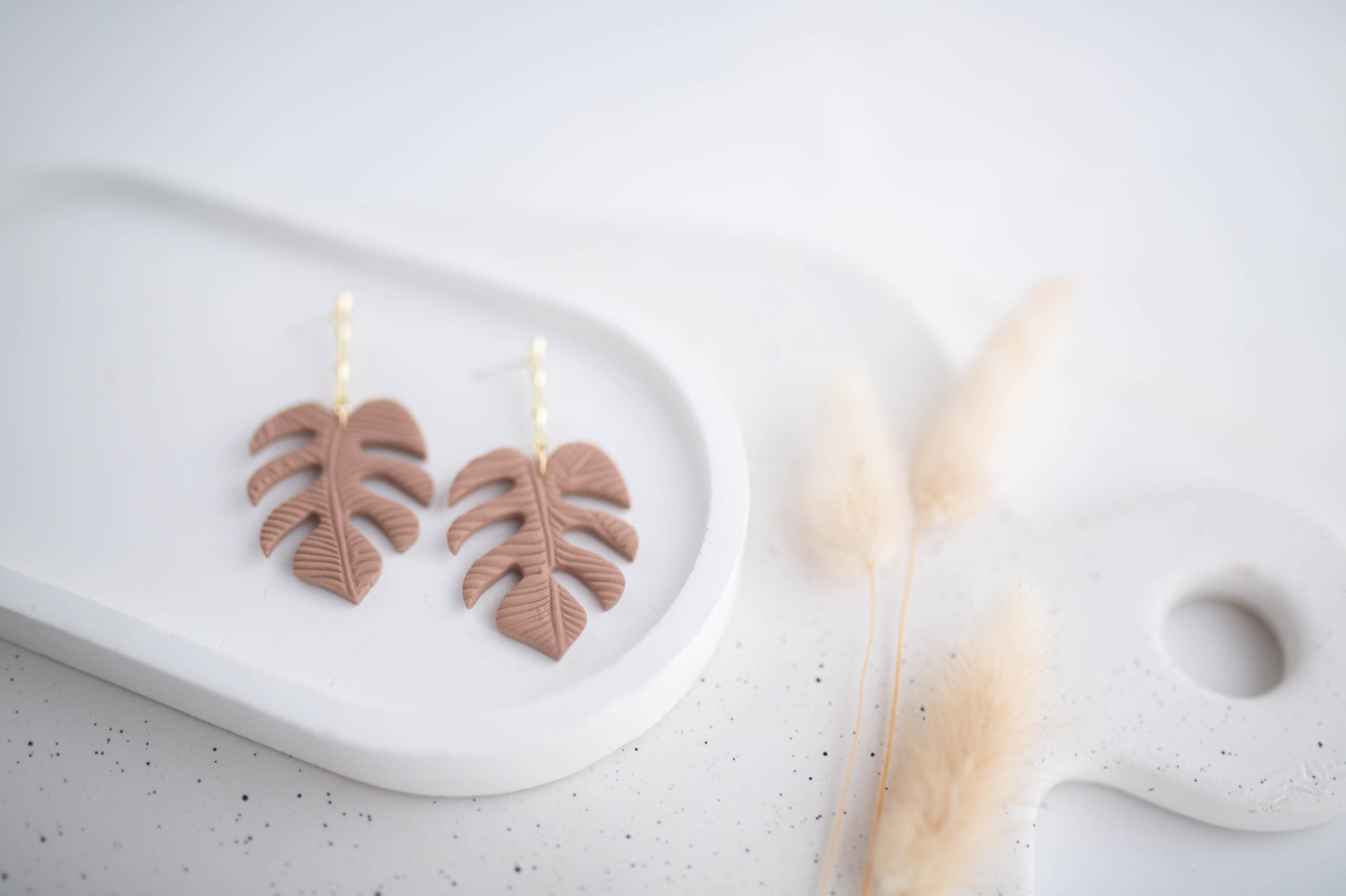 Clay Earrings | Monstera Dangles | All Things Neutral Collection