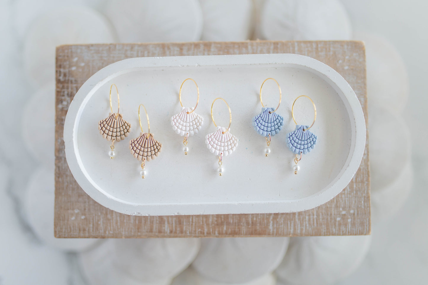 Clay Earrings | Scallop + Pearl Hoops Sm. | Coastal Shores Collection