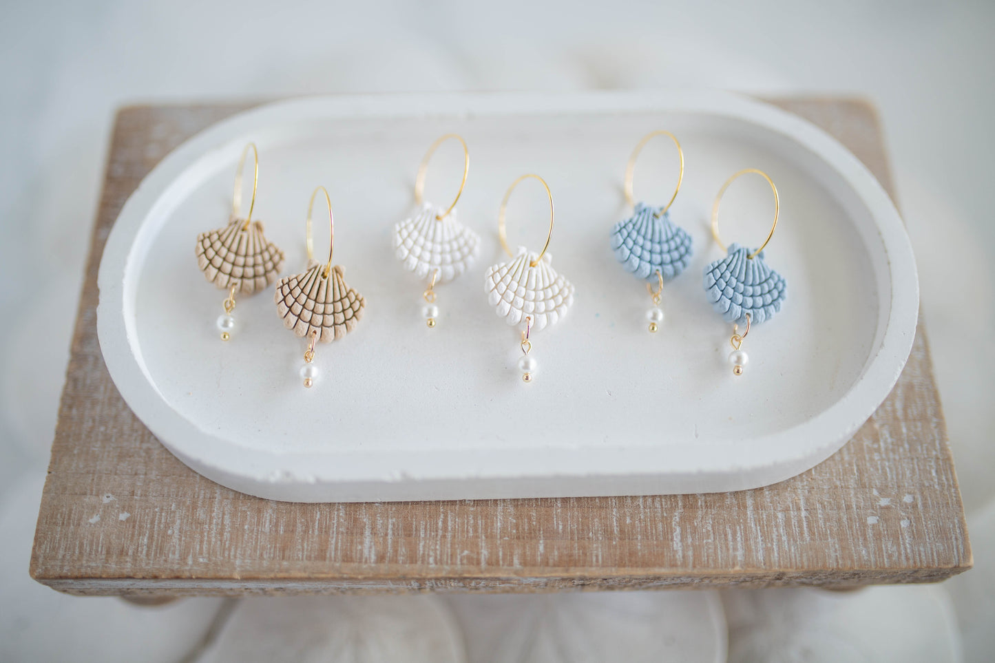 Clay Earrings | Scallop + Pearl Hoops Sm. | Coastal Shores Collection