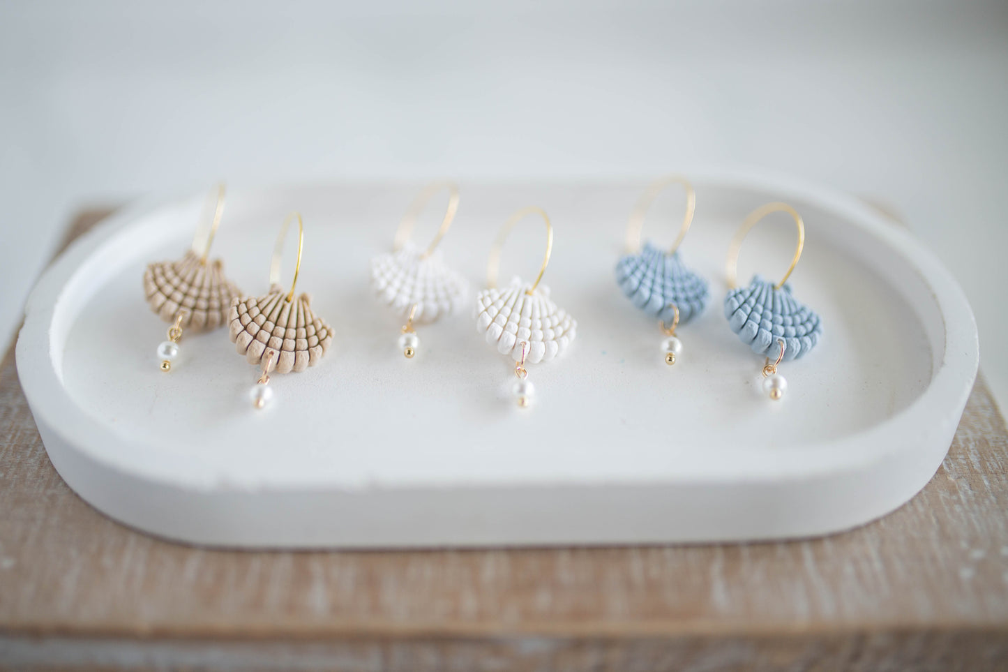 Clay Earrings | Scallop + Pearl Hoops Sm. | Coastal Shores Collection