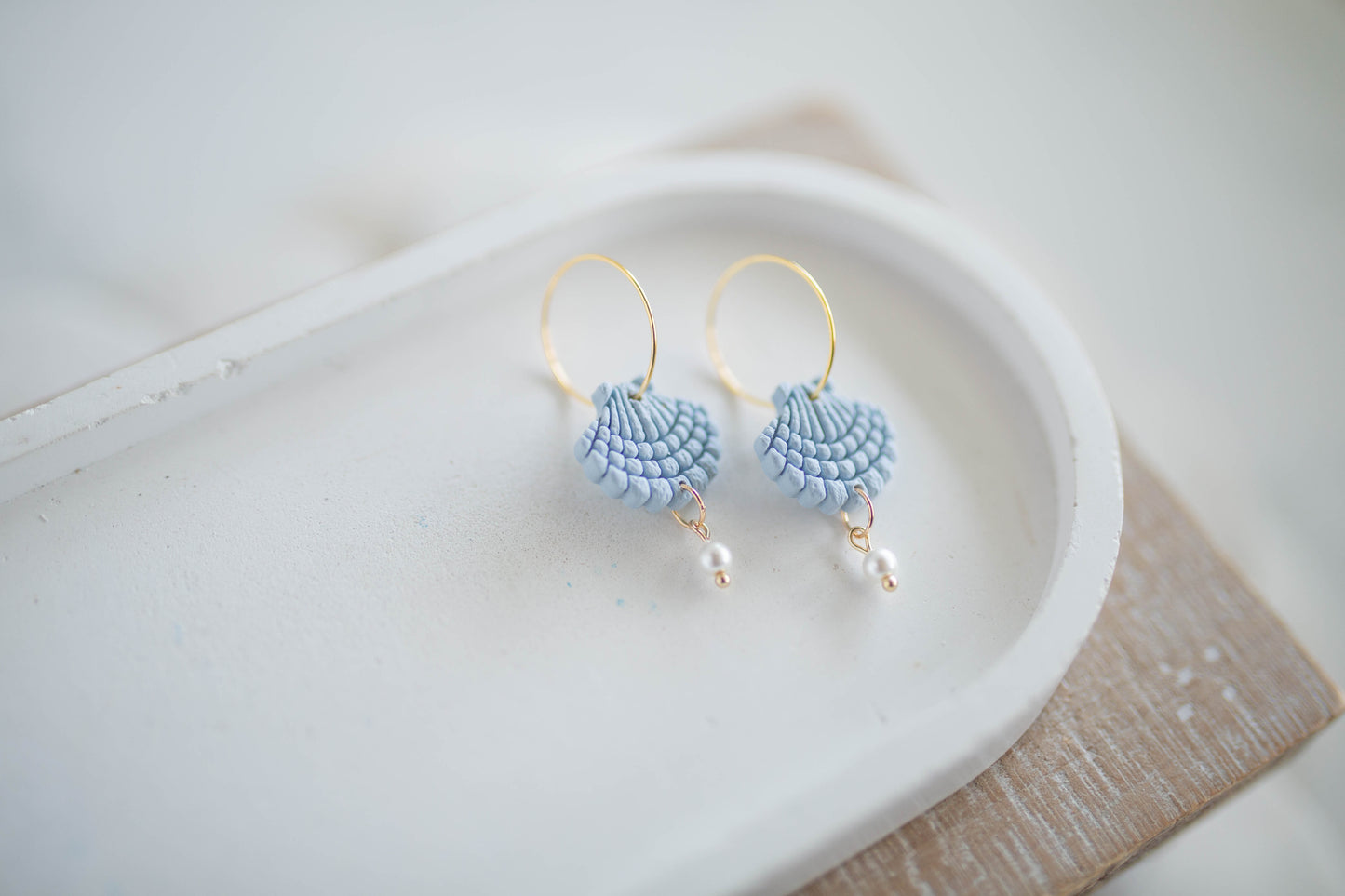 Clay Earrings | Scallop + Pearl Hoops Sm. | Coastal Shores Collection