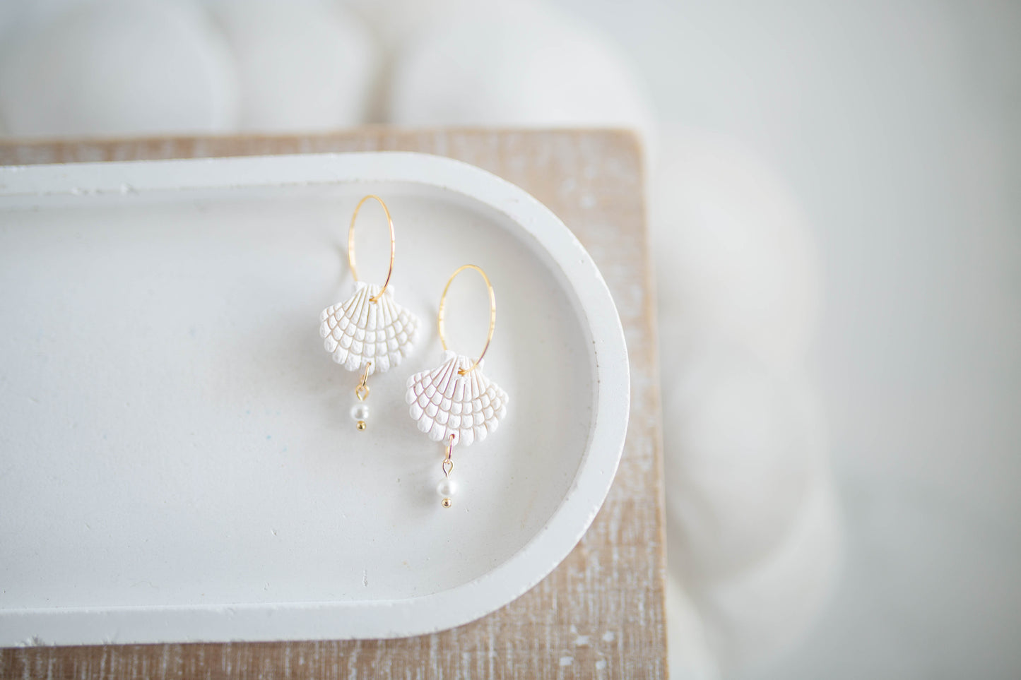 Clay Earrings | Scallop + Pearl Hoops Sm. | Coastal Shores Collection