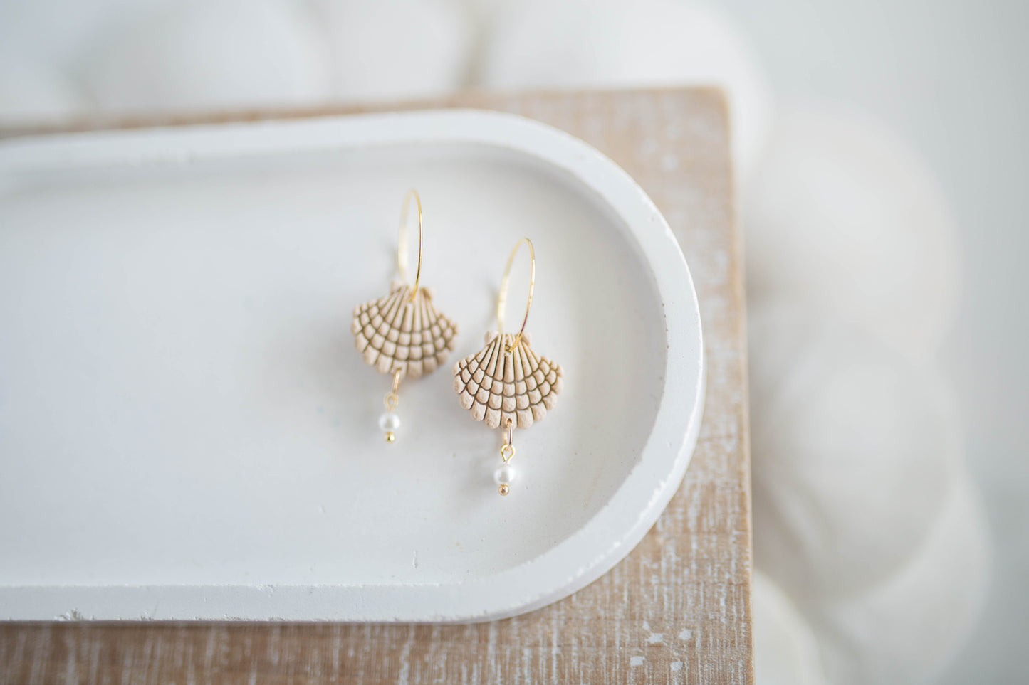 Clay Earrings | Scallop + Pearl Hoops Sm. | Coastal Shores Collection