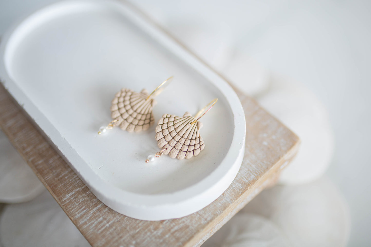 Clay Earrings | Scallop + Pearl Hoops Lg. | Coastal Shores Collection