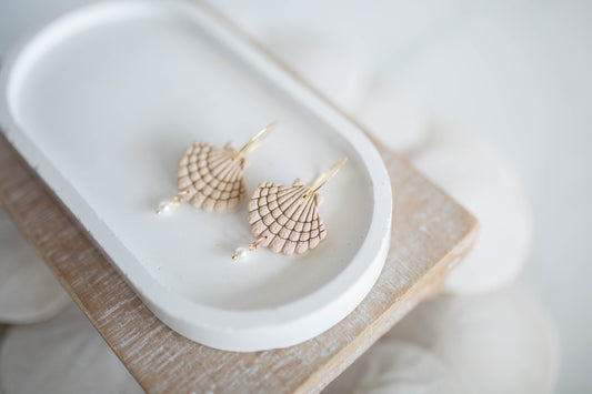 Clay Earrings | Scallop + Pearl Hoops Lg. | Coastal Shores Collection
