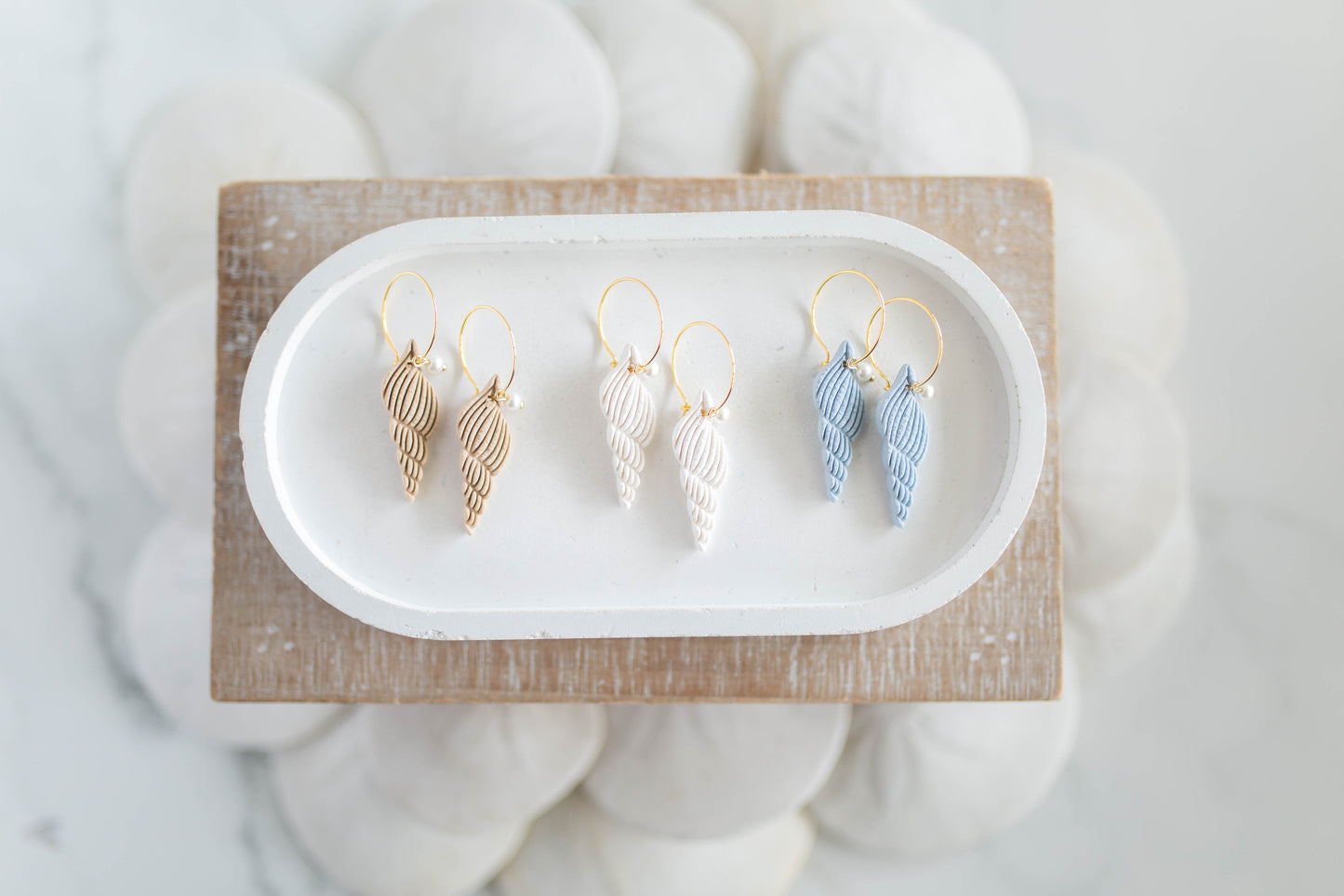 Clay Earrings | Seashell + Pearl Hoops | Coastal Shores Collection