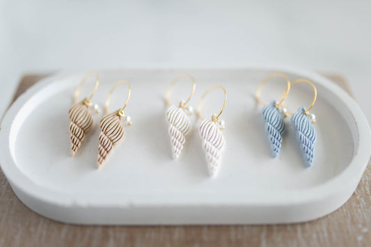 Clay Earrings | Seashell + Pearl Hoops | Coastal Shores Collection