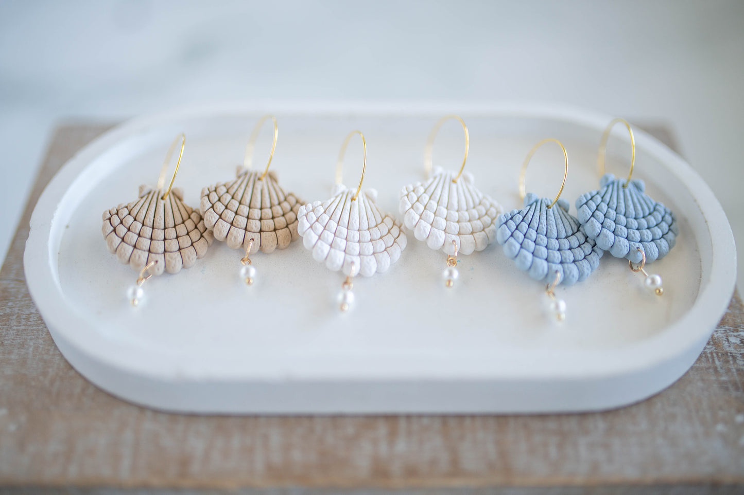 Clay Earrings | Scallop + Pearl Hoops Lg. | Coastal Shores Collection