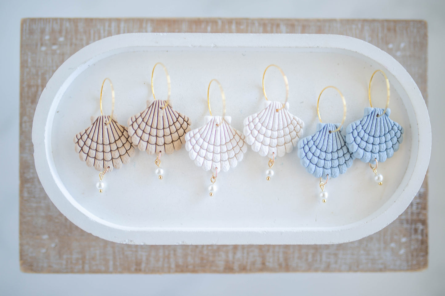 Clay Earrings | Scallop + Pearl Hoops Lg. | Coastal Shores Collection