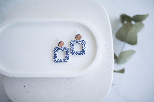 Clay Earrings | Floral Square Dangles | Indigo Daydream Collection