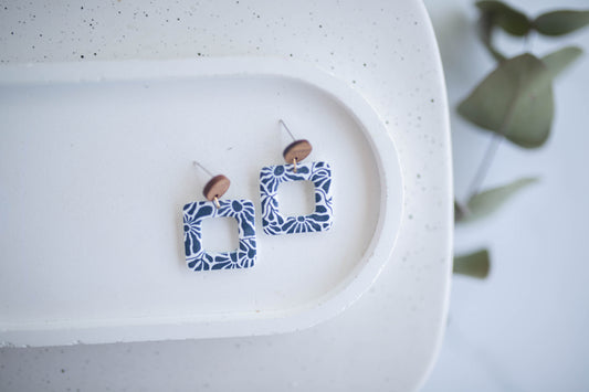 Clay Earrings | Floral Square Dangles | Indigo Daydream Collection