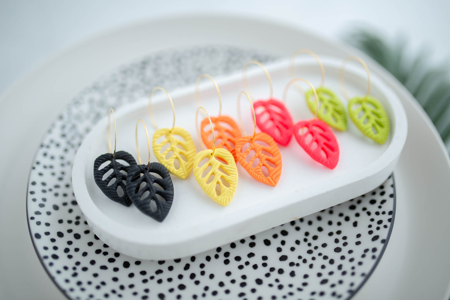 Clay Earrings | Tropical Leaf Hoops | Neon+Noir Collection