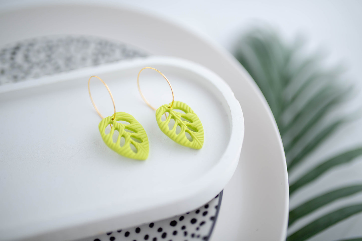 Clay Earrings | Tropical Leaf Hoops | Neon+Noir Collection