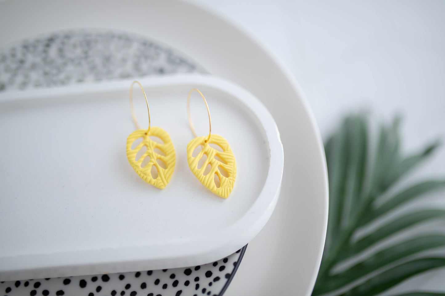 Clay Earrings | Tropical Leaf Hoops | Neon+Noir Collection