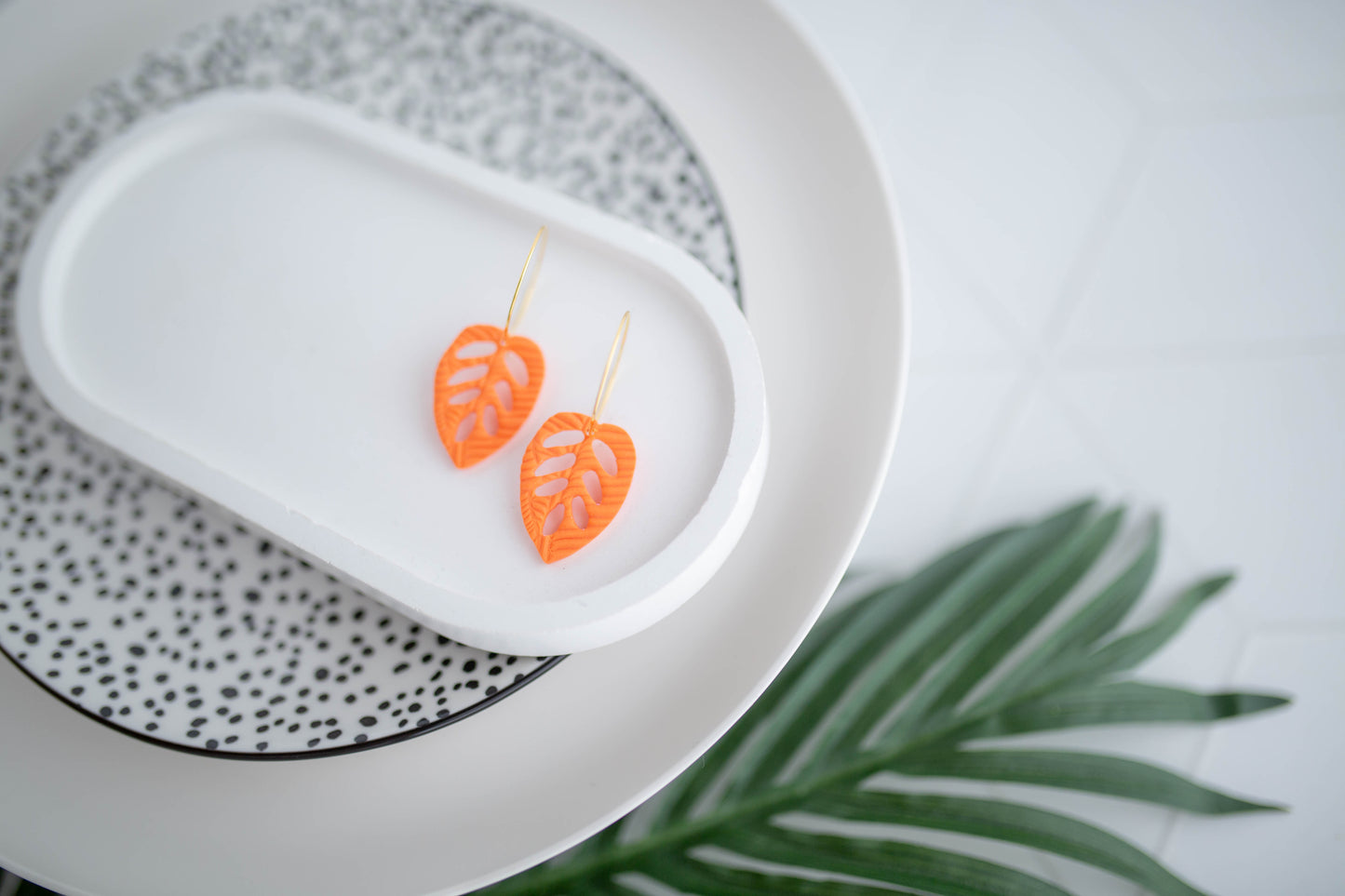 Clay Earrings | Tropical Leaf Hoops | Neon+Noir Collection