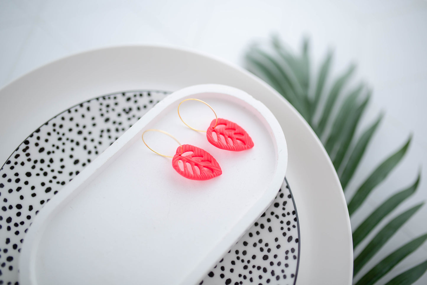 Clay Earrings | Tropical Leaf Hoops | Neon+Noir Collection