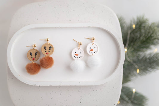 Clay Earrings | Reindeer + Snowman Dangles | Merry+Bright Collection