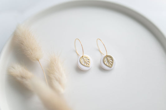 Clay earring | white leaf mini hoops | spring collection