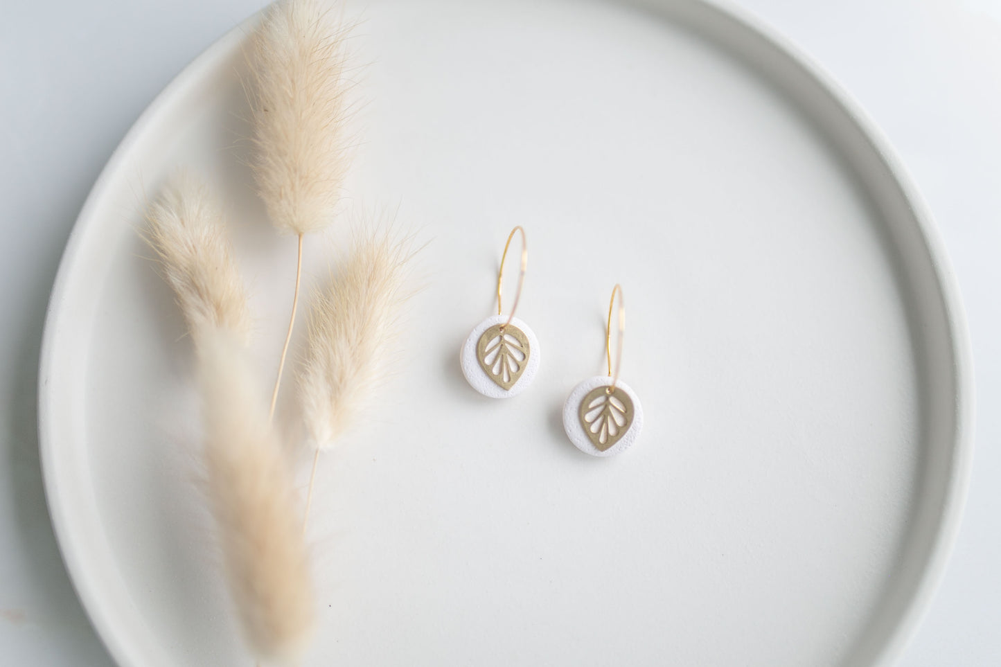 Clay earring | white leaf mini hoops | spring collection