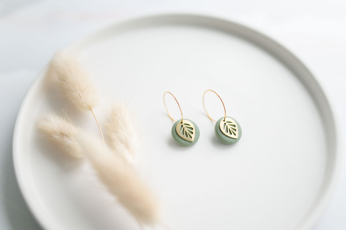 Clay earring | sage green leaf mini hoops | spring collection