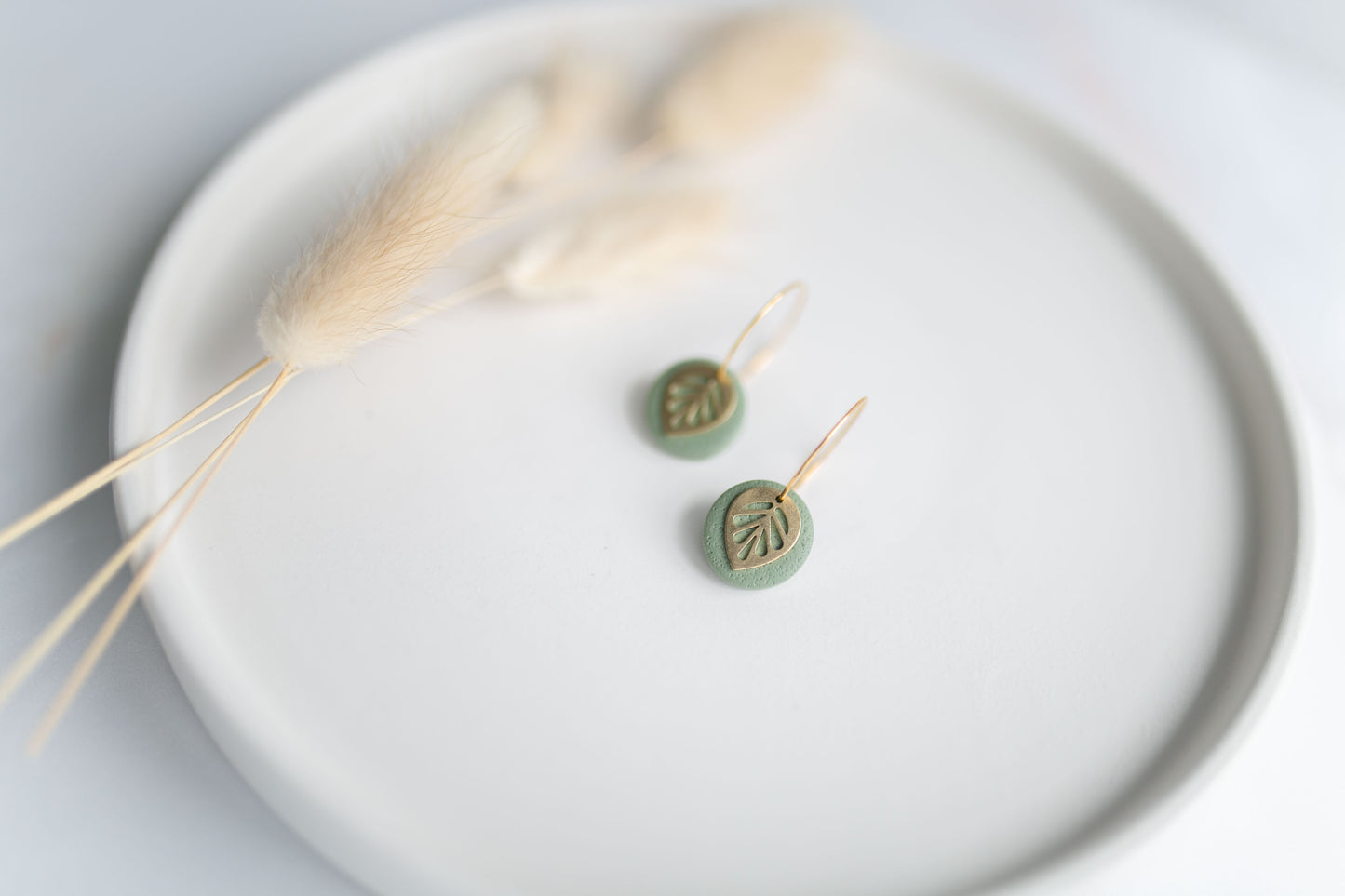 Clay earring | sage green leaf mini hoops | spring collection