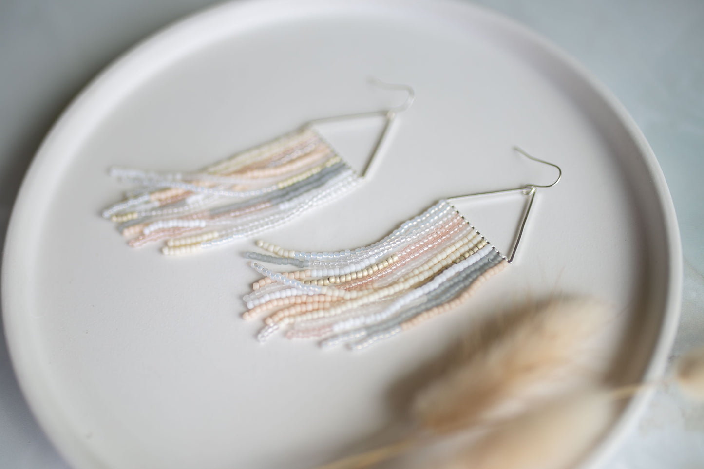 Beaded earring | pink + gray fringe | spring collection
