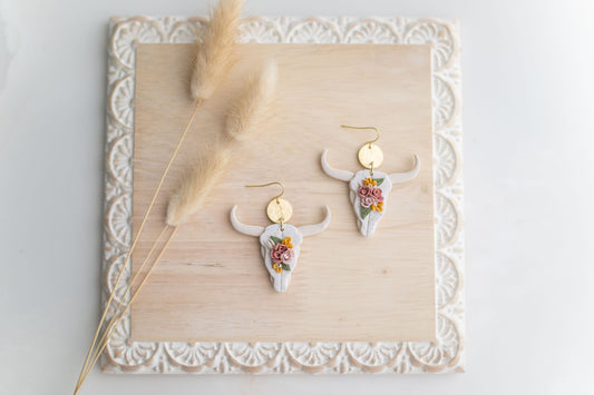 Clay earring | ivory floral longhorns | Southwest Collection