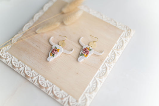Clay earring | ivory floral longhorns | Southwest Collection