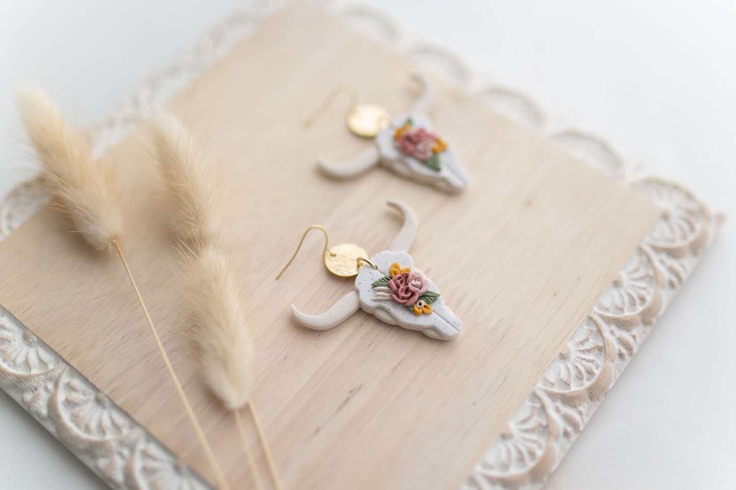 Clay earring | ivory floral longhorns | Southwest Collection