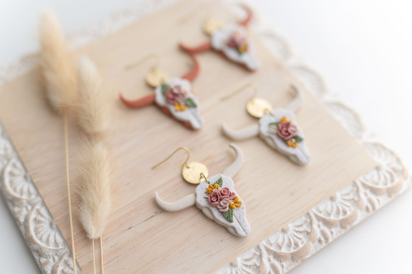 Clay earring | ivory floral longhorns | Southwest Collection