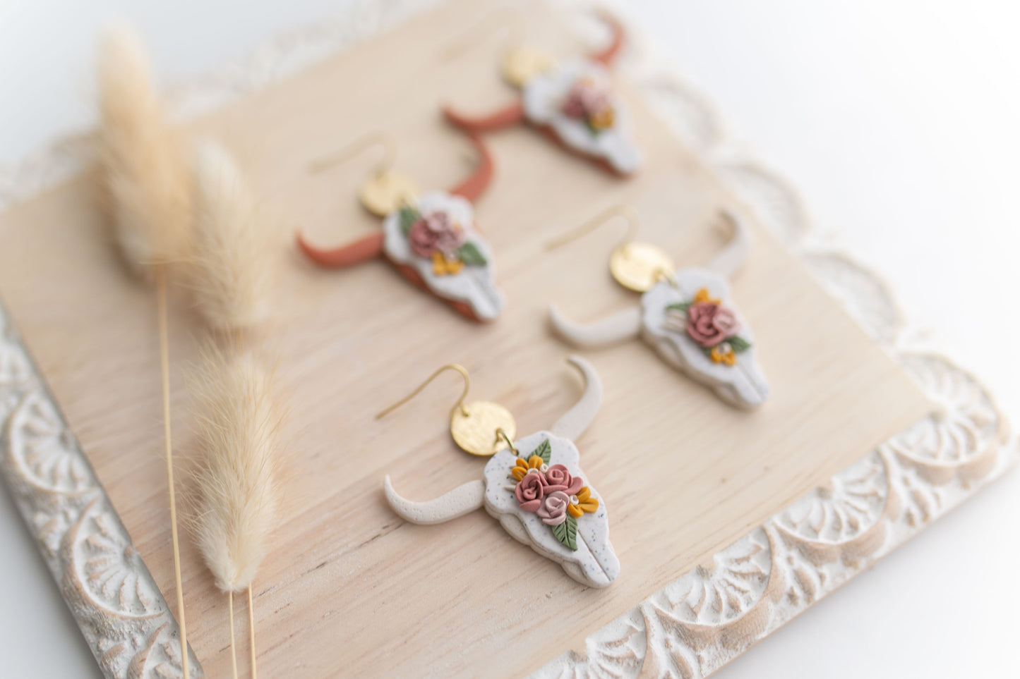 Clay earring |tera-cotta floral longhorns | Southwest Collection