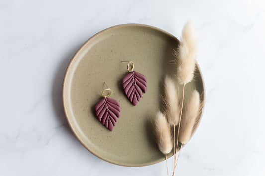 Clay earrings | maroon leaves