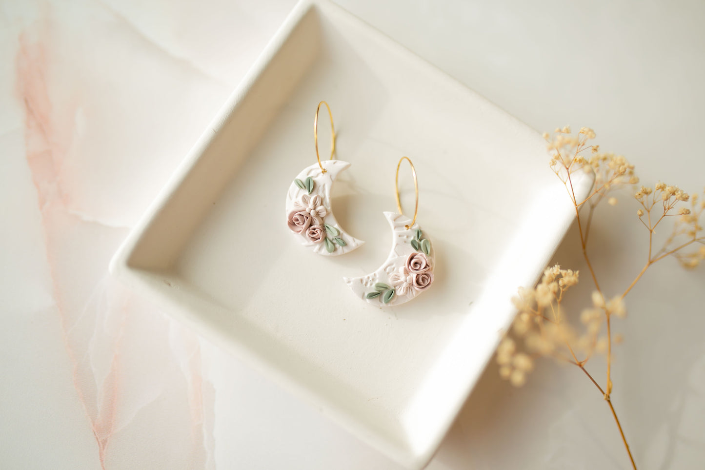 Clay earring | floral moons | pink collection